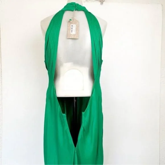MESHKI Satin Drape Back Maxi Dress with Split - Green XLarge NEW - Picture 6 of 9
